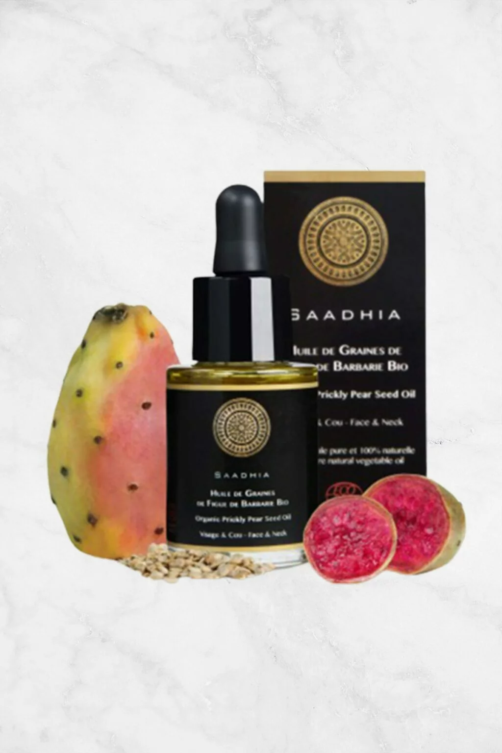 huile vierge de graines de figue de Barbarie bio Saadhia avec fond